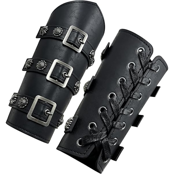 Medeltida PU-läder spänne arm bracers, riddare LARP Retro renässans armvakter, en storlek ett par Black