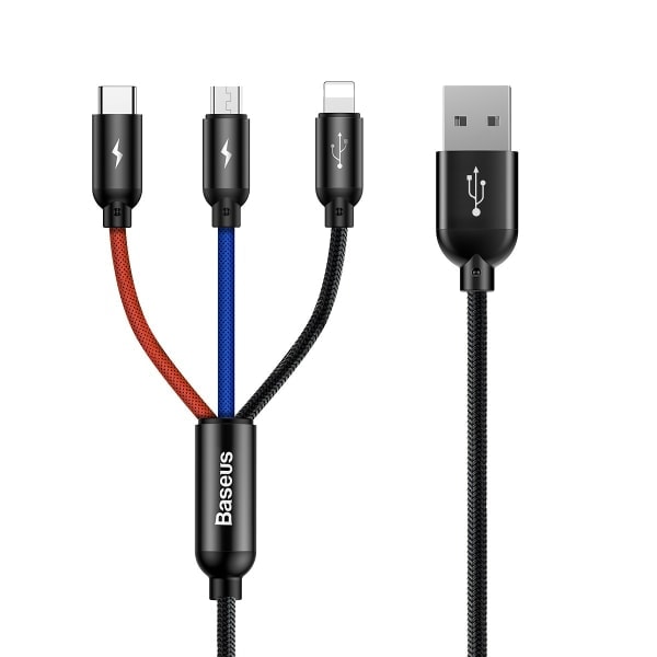 Baseus 3-i-1 multiladdare, USB-C/Lightning/MicroUSB, 3,5A, 1,2m