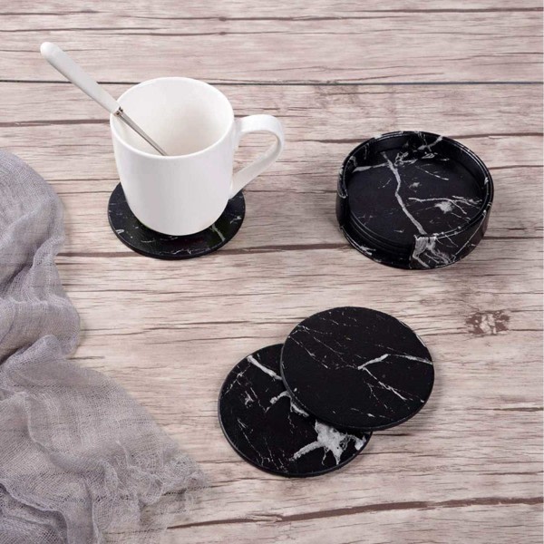 6-pak reversible underlag i sort marmor PU med holder sort