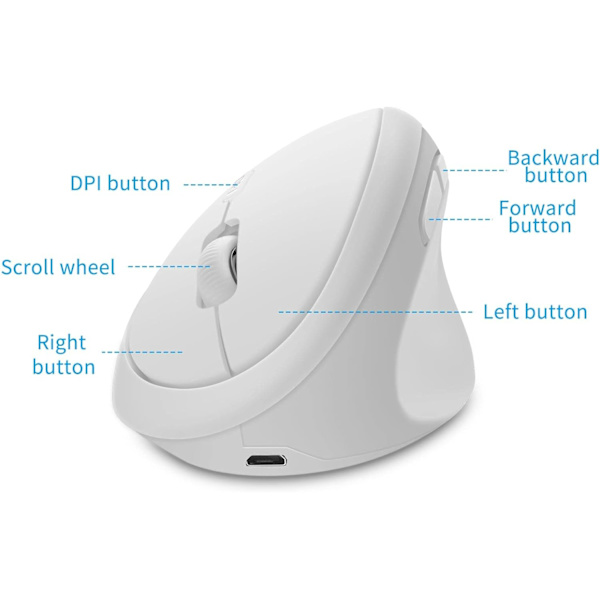 Ergonomisk Mus, Trådløs Mus Genopladelig Vertikal Mus med USB-modtager, 2,4 GHz Trådløs Mus, 6 Knapper, Justerbar DPI 800/1200/1600 White