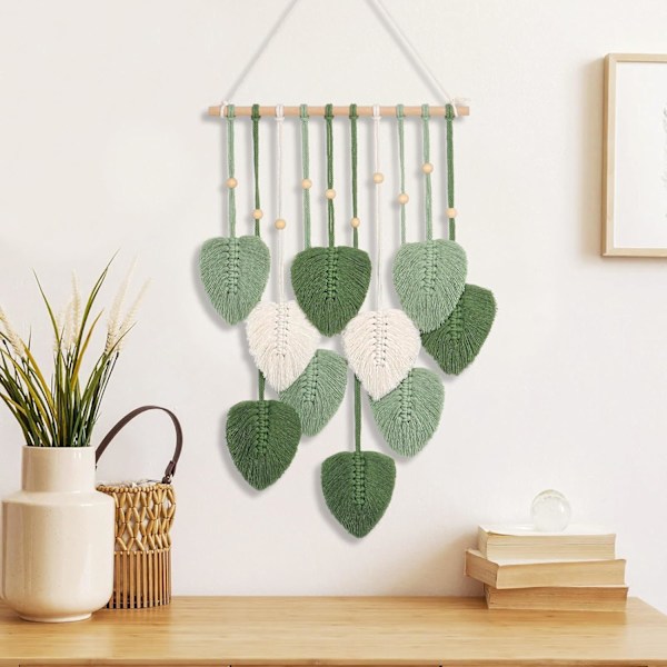 Macrame Väggbonad Grön Blad Frans Tapet Boho Chic Väggdekor Handgjord Vävd Bomullsrep Tapet Estetisk Bohemian Väggkonst för Sovrum
