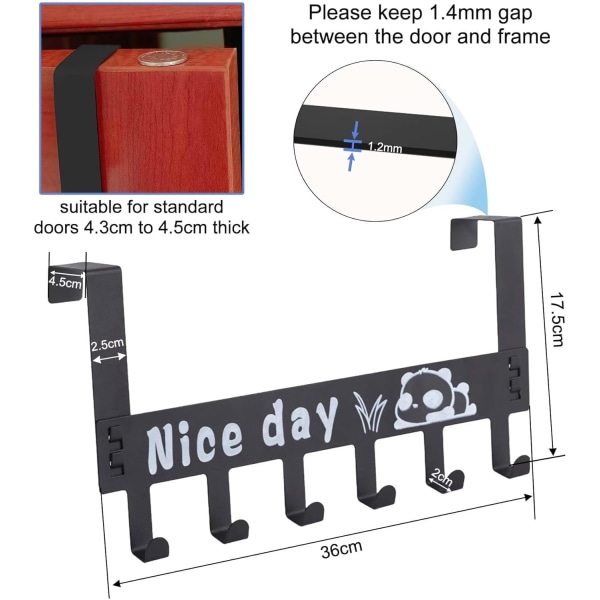 Över dörrhängare med 6 krokar, över dörrklädkrokar för att hänga kappa, handduk, väska, morgonrock - Hängare krokar idealiska för sovrum, badrum, garderob Black