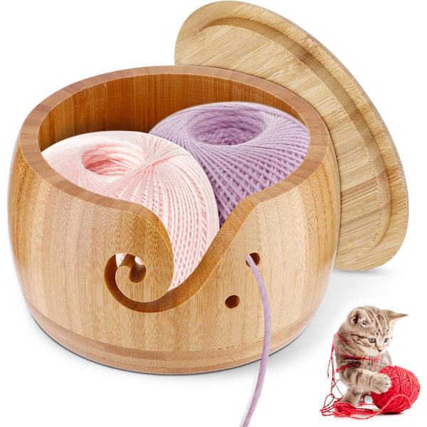 Trä stickningsskål, stickningsskålhållare, ullförvaringsskål, bambu stickningsskål med lock och elegant design, ullhållare organizer