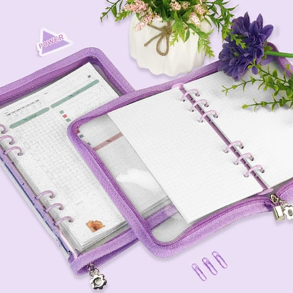 A6 Ringbind Cover Transparent PVC Notebook Skal med Lynlås Glitter Planner Binderemapper Funklende Budget Binder til Kontant Budget System Purple A6