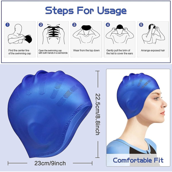 Svømmehætter Ørebeskyttelse 3d, Vandtæt Svømmehætte Mænd Kvinder Piger Holdbar Silikone Svømmehætte Langt Hår Voksen Svømmehætte Ungdom Svømmehætte Svømmehatte L