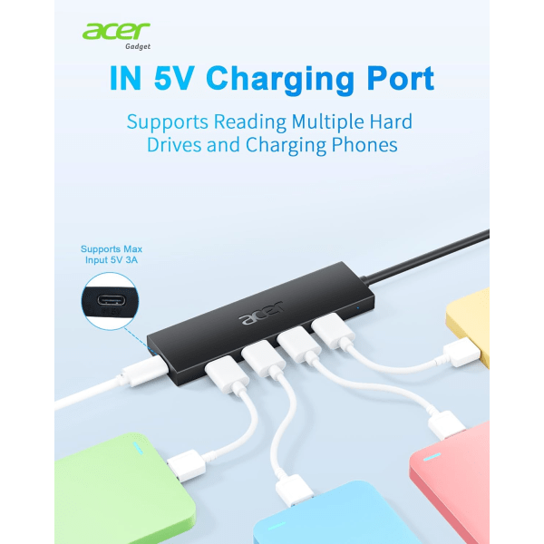 USB-keskitin, 4 porttia, useita USB 3.0 -keskittimiä, kannettavan tietokoneen USB-datakeskitin USB C -virralla, yksiporttinen kannettavan tietokoneen USB-jatke, Windows, Linux, Acer PC