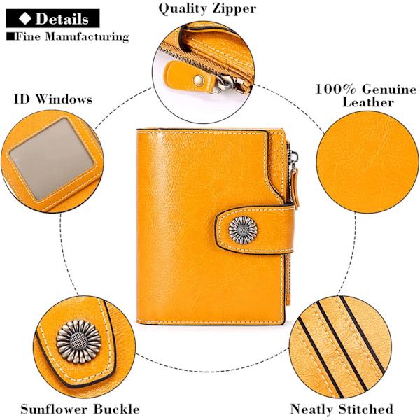 Liten damelommebok i ekte skinn med RFID-blokkering, bifold liten veske med glidelåslomme yellow