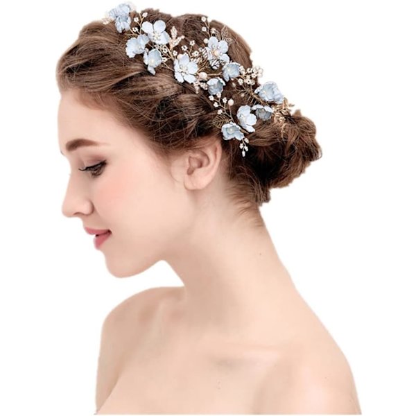 Bryllupshårkam Perle Krystall Dekor Klips Pin Rhinestone Blomst Bryllupshår Tilbehør for Brud Brudepike Blå