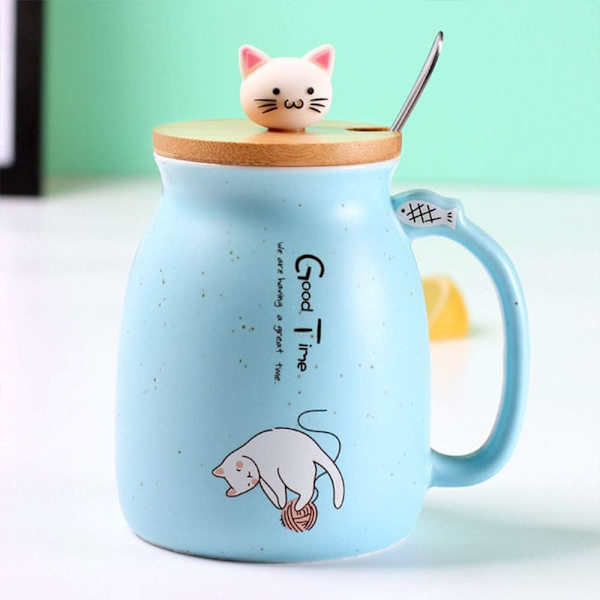 Kattekop Mug Sød Keramisk Killing Kaffe Kop med Skøn Killing Låg Rustfrit Stål Ske til Kaffe Te Mælk 380ML Te Mælk Julekop til Kvinder (Blå)