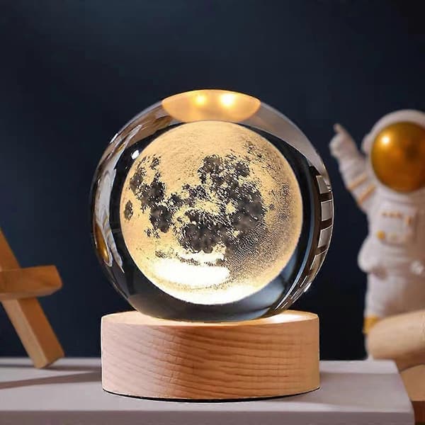 3D Planet Krystallkule Nattelys, Krystallkule med Trebase, 3D Gravert Solsystemplaneter Krystallkule, Hjemmedekorasjon Moon