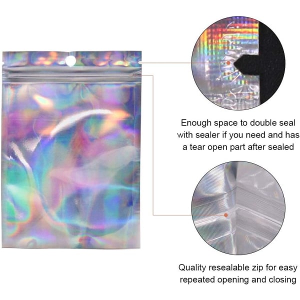 100 st holografiska Mylar zip lock låspåsar Återförslutningsbara 10,4 x 14,9 cm, förslutningsbar folieprovpåse Presentpåsar för godis Snack Smycken Lash Lip Gloss