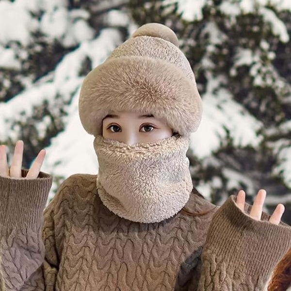 Vintervindtät Halsduk med Mössa för Kvinnor, Varm Fleece Mask, Termisk Mössa med Pompom för Skidåkning och Cykling One Size,Khaki