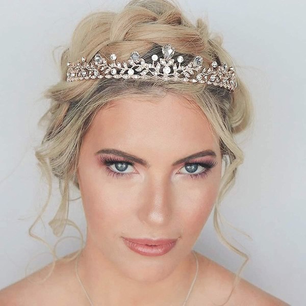 Ny, velegnet glitrende krystal krone prinsesse tiara rhinestone blad pageant bryllup hår smykker, rose guld