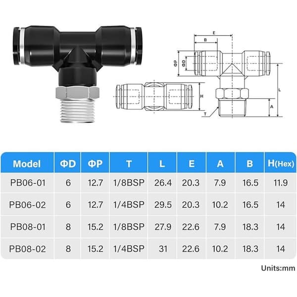 8 mm udvendig diameter T-fitting med 1/8 tomme BSP-gevind til indsættelse PB8-01 (pakke med 2)
