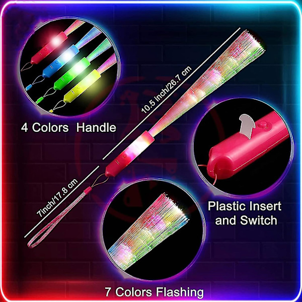 12 stk Glødestikker LED Lyspinner Fiberoptiske Glødestikker, 3 Moduser Fargeblinkende, For Jul, Fest, Konsert Rave