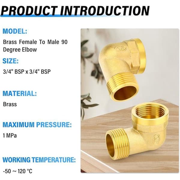 Sæt med 5 massive messing 90° gadealbuer – 3/4\" BSP han til 3/4\" BSP hun rørfitting