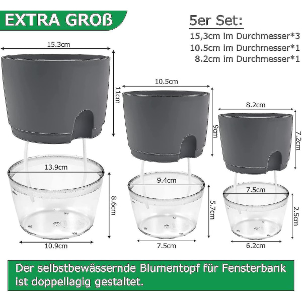 Örtagårdskit för köksfönsterbrädan med självvattning, set med 5 örter för köket, 15,3/10,5/8,2 cm, för färska örter i köket, grå Hy