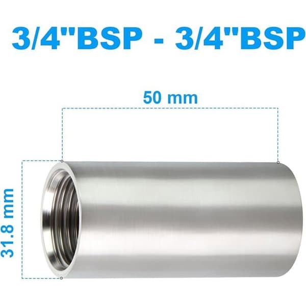 Sæt med 2 rørfittings i rustfrit stål 304 — 50 mm gevindnipler (3/4\" hun x 3/4\" hun BSP)