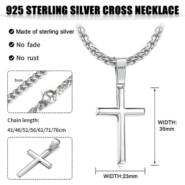 925 Sterling Sølv Kors Halskjede for Menn Kvinner M Rustfritt Stål Hvete Kors Kjede Polert Skråkant Krusifiks Anheng Halskjede Smykker 16-30 Tommer 24Inches