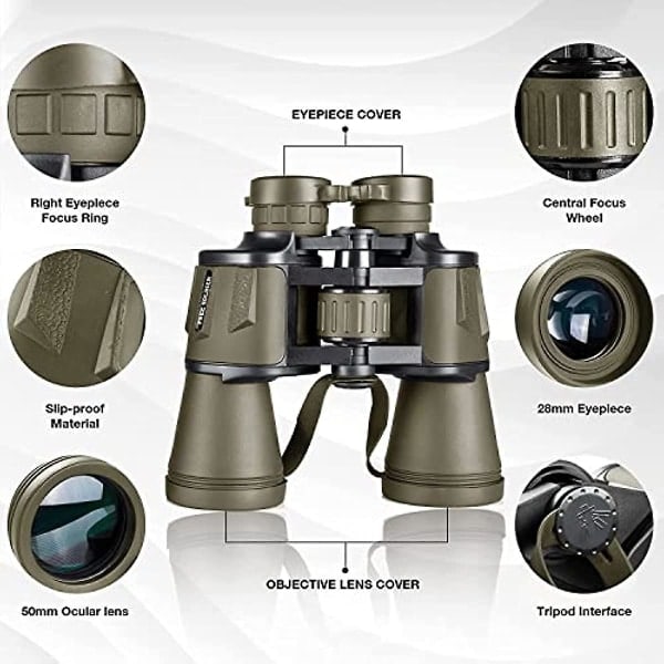 20x50 Militær kikkert til voksne med smartphone-adapter - Kompakt vandtæt taktisk kikkert til fugleobservation, jagt, vandreture, koncert Black