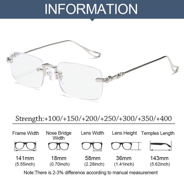 Anti-blått ljus läsglasögon Fyrkantiga glasögon Gold Strength 300