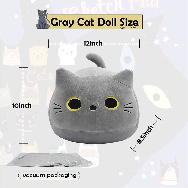Grå katt plyschleksak kudde, 12'' mjuk plyschdocka katt plyschkudde, gosedjur katt plysch för barn, baby plyschleksaker kattform design soffa kudde