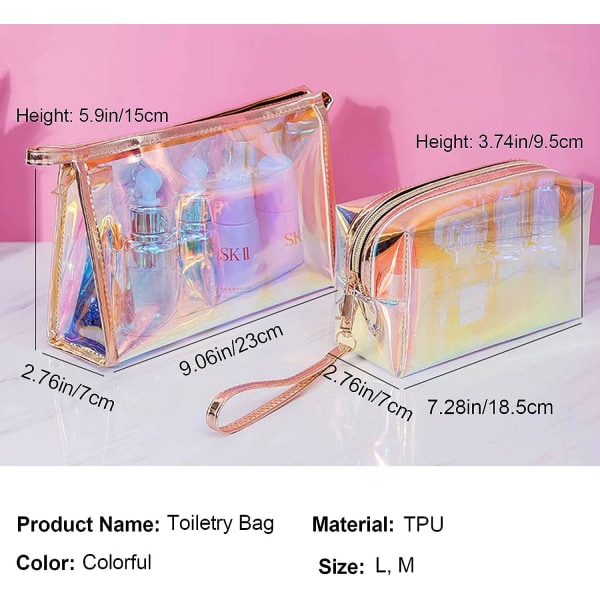 2kpl naisten kosmetiikkalaukkuja, Läpinäkyvä Kannettava Soft Market Värikäs TPU-matkakosmetiikkalaukku