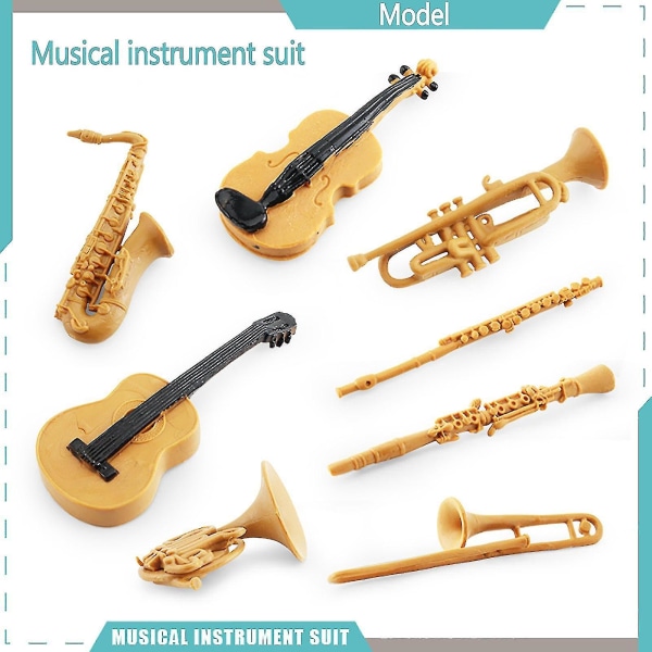8st Simulering Musikinstrument Set Horn Trombon Flöjt Klarinett Saxofon Fiol Gitarr Modell Statisk Desktop Ornament Barn Pedagogiska leksaker