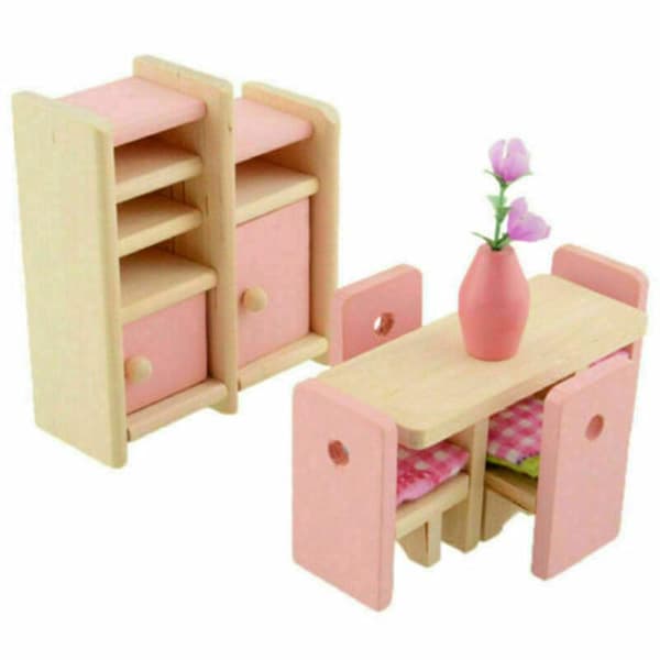 Barnrosa möbler i trä dockhus miniatyrrum set dockleksaker för present Diy Dinning Room