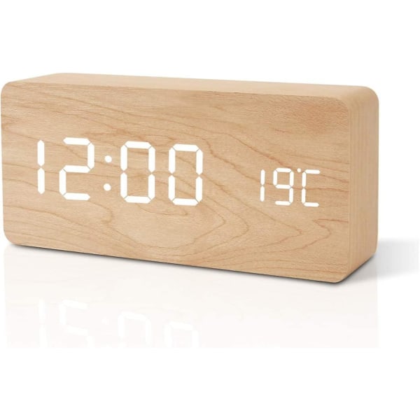 Träväckarklocka Modern LED-bordsur Digital väckarklocka Röst Touch Display Tid/datum/temperatur För Hem Sovrum Kontor Brun Orange