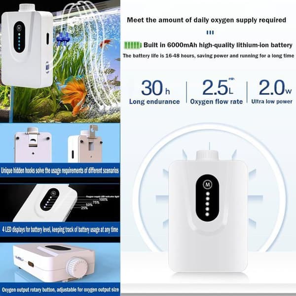 Solarluftpumpar, 6W dammluftare med 6000mAh batteri, USB- och solcellsladdning, akvarieoxygenator