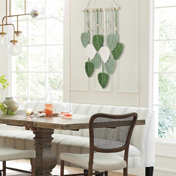 Macrame Väggbonad Grön Blad Frans Tapet Boho Chic Väggdekor Handgjord Vävd Bomullsrep Tapet Estetisk Bohemian Väggkonst för Sovrum