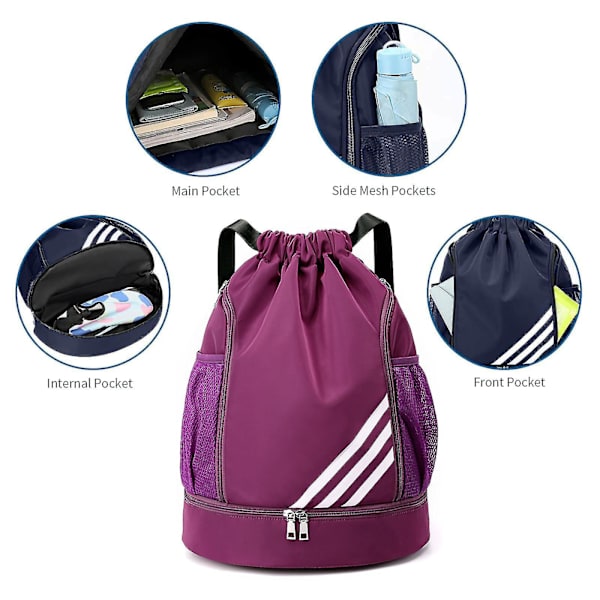 Uusi kiristysnauhainen reppu, vedenpitävä narureppu, urheilureppu, kuntosalireppu, jossa sivutasku miehille ja naisille Purple