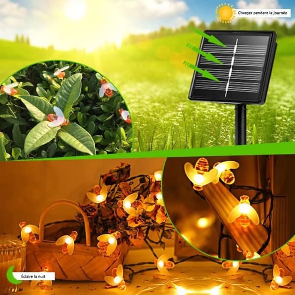 Solar Bee lyslenke, 30 LED, 6,5M, 8 lysmoduser, utendørs lyslenke i kobbertråd