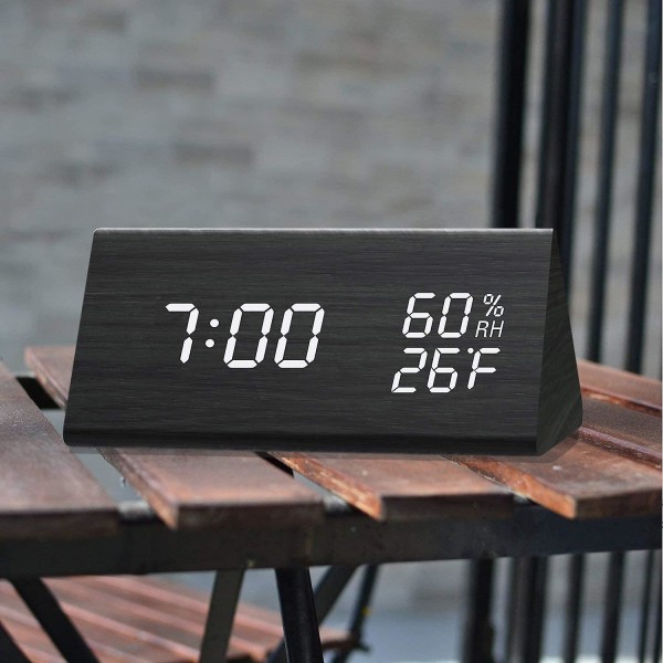 Digital väckarklocka, med elektronisk LED-tidsdisplay i trä, 3 larminställningar, fukt- och temperaturdetektering (svart)