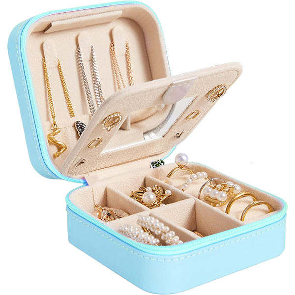 Mini Bärbar Smyckeskrin Organizer, Resesmyckeskrin, Läder Dubbelskikts Smyckeskrin med Spegel, Ringar Örhängen Halsband Armband Presentask Blue