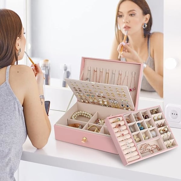Smyckeskrin Organizer för Halsband Örhängen Armband Ringar, Stor PU Läder Smyckesförvaringslåda med 3 Stapelbara Lager (Rosa)