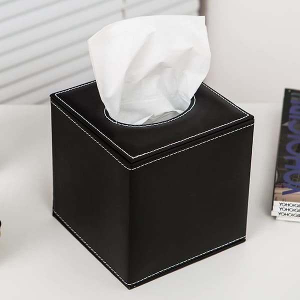Læder Cube Firkantet Kleenexboks Cover Holder (Sort) Black