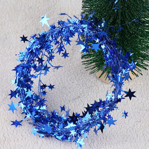 2 ruller med glitrende stjerneglitterkranser med tråd for juletre, bursdag, fest, festlig ornament blå