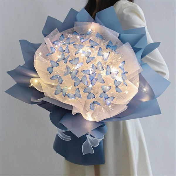 Ny 33-delad fjärilsblombukett presentset med LED-ljus - Perfekt present till alla hjärtans dag, födelsedag, årsdag, förlovning Blue