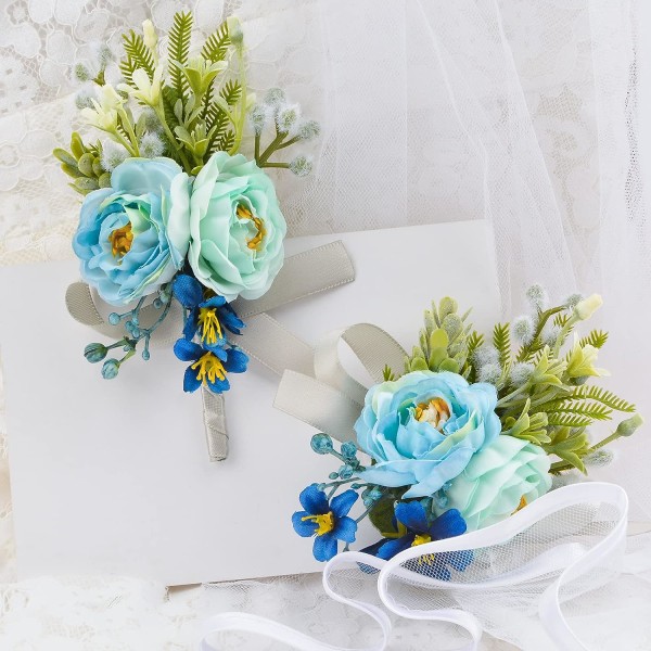 Boutonnières och corsage, 2 st blå corsage blomma handleds corsage och boutonniere set blommor accessoarer för bröllop bal män och kvinnor dekoration