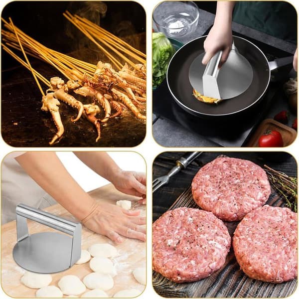 Hamburgerpress i 304 rostfritt stål, rund smashburgerpress, press för köttfärs, non-stick köttpress