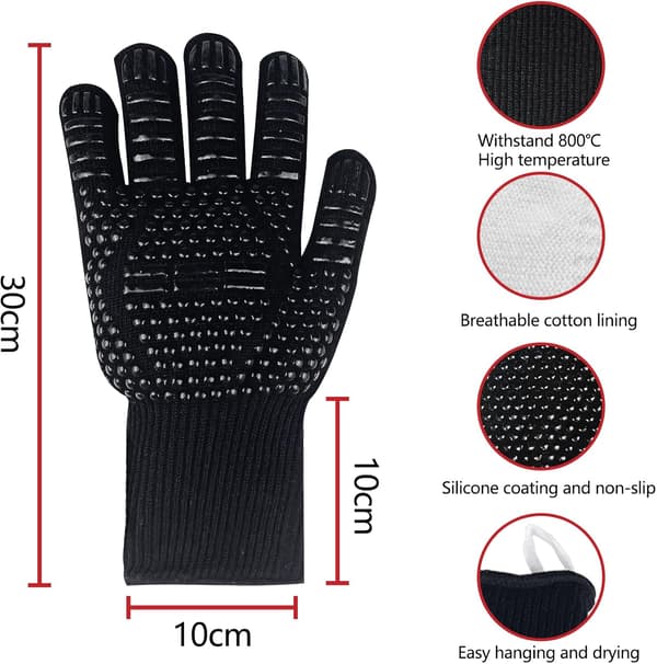 Grillhandsker, universelle ovnhandsker mod varme op til 800 °C, til BBQ, bagning, pejs (sort)