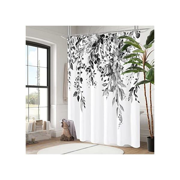 Sort og hvid eukalyptus badeforhæng med gråt akvarelblad- og blomstermønster, med kroge, 180 x 180 cm
