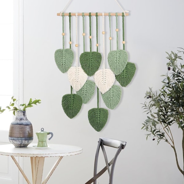 Macrame Väggbonad Grön Blad Frans Tapet Boho Chic Väggdekor Handgjord Vävd Bomullsrep Tapet Estetisk Bohemian Väggkonst för Sovrum