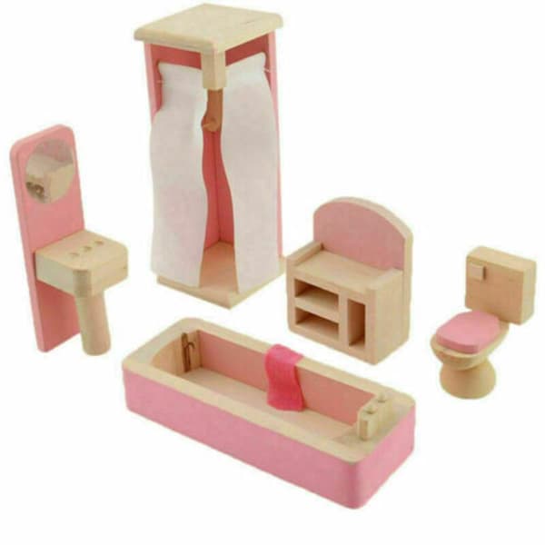 Barnrosa möbler i trä dockhus miniatyr rum set dockleksaker för present Diy Bathroom