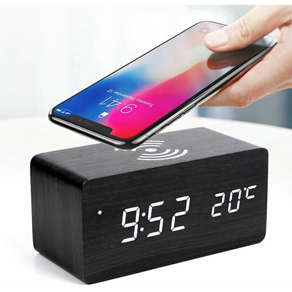 LED digital väckarklocka Desktop väckarklocka temperaturdisplay med trådlös laddare svart trä