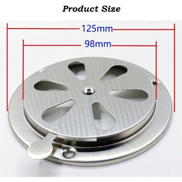 2 stk. runde ventilationsgitre, 125 mm runde ventilationsgitre i rustfrit stål, udsugningsgitre med justerbare døre