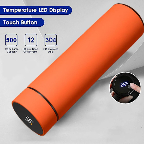 Vattenflaska med LED-temperaturdisplay, dubbelväggig vakuumisolerad vattenflaska matt orange matte orange