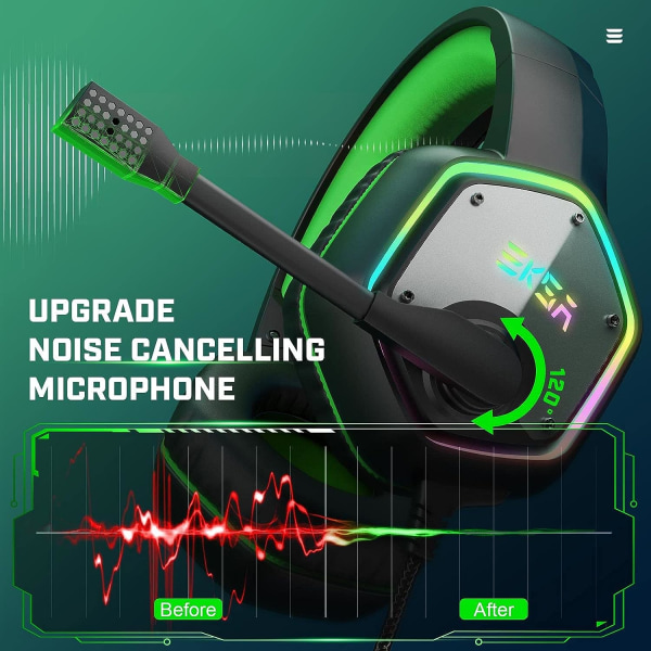 E1000 USB Gaming Headset for PC - Datamaskinhodetelefoner med mikrofon/mikrofon støyreduksjon, 7.1 surroundlyd kablet headset og RGB-lys (grønn)